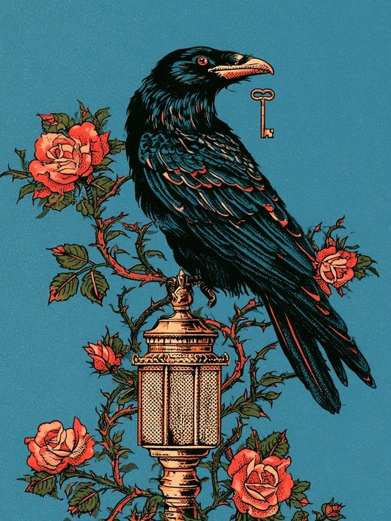 Raven and Roses Vintage Print. poster detail