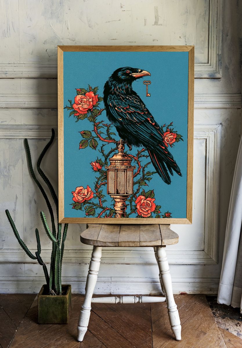 Raven and Roses Vintage Print. — room view 1