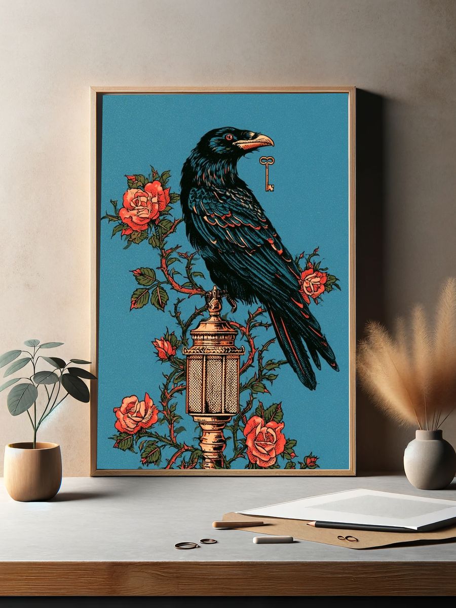Raven and Roses Vintage Print. — room view 2