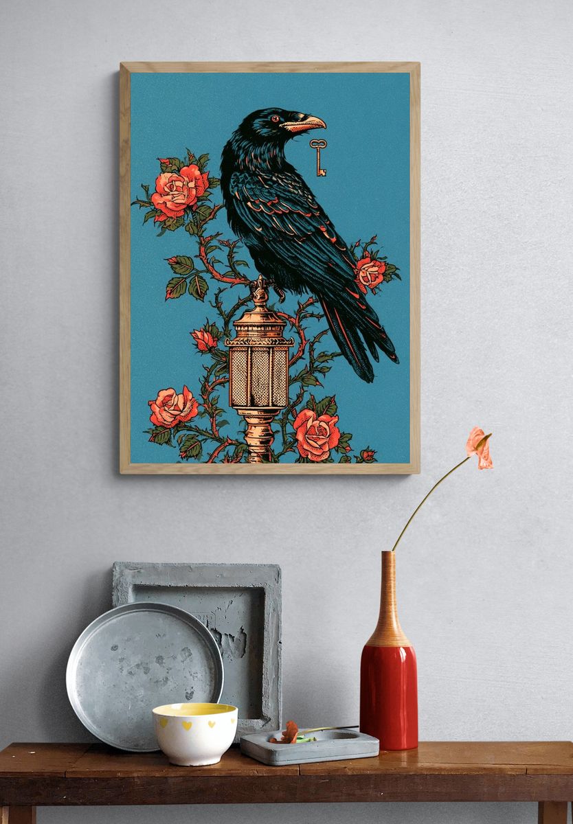 Raven and Roses Vintage Print. — room view 3