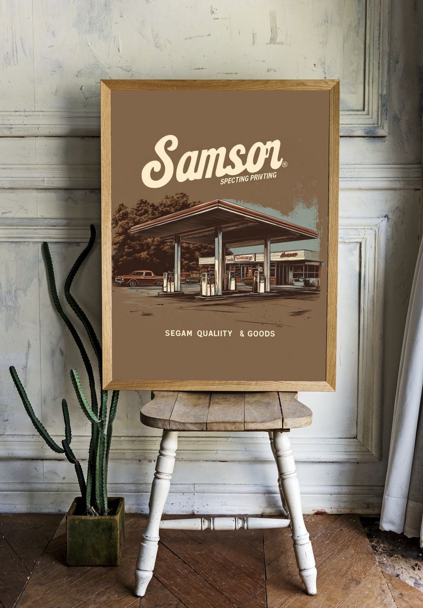 Vintage Gas Station — Retro Print. — room view 1