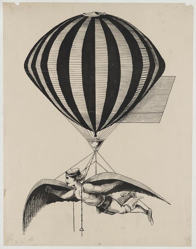 Flying Man with Hot Air Balloon — Vintage Print. poster detail