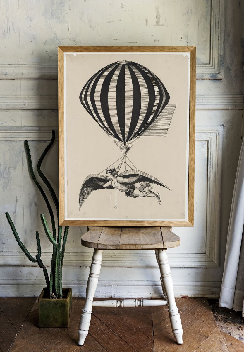 Flying Man with Hot Air Balloon — Vintage Print. — room view 1