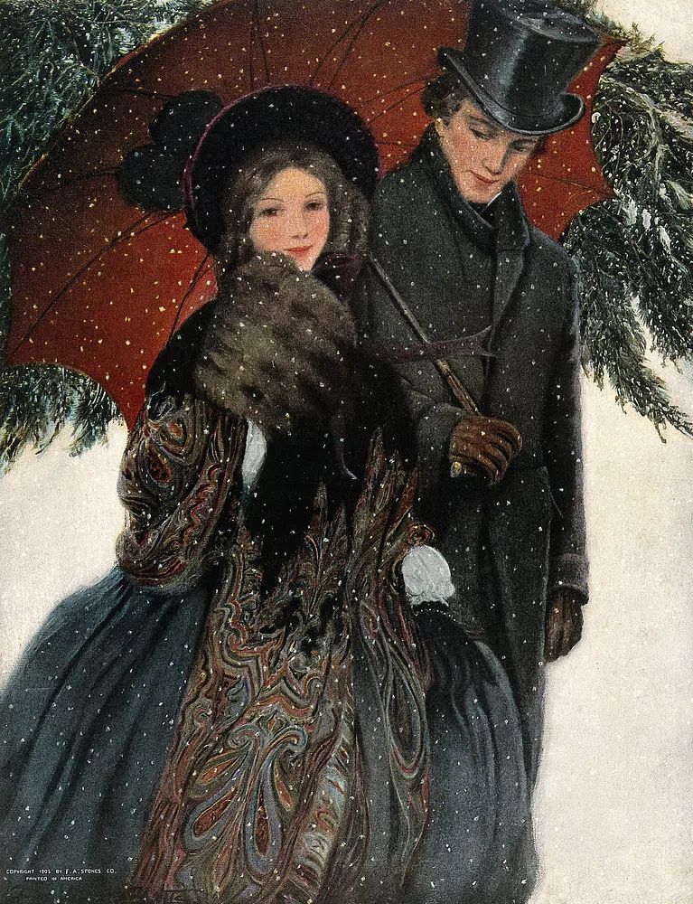 elegantly dressed couple walk arm. poster — vintage art