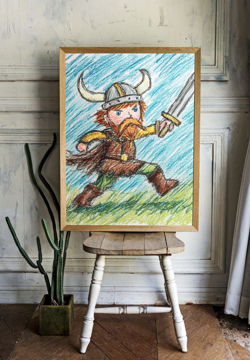 Viking Warrior — Cartoon Illustration Print. room preview