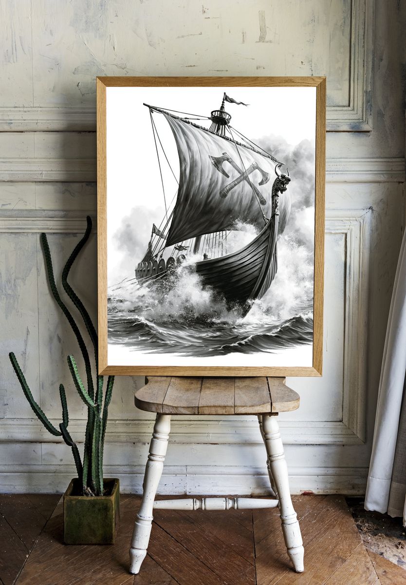 Viking Longship Black-White Print. — room view 1