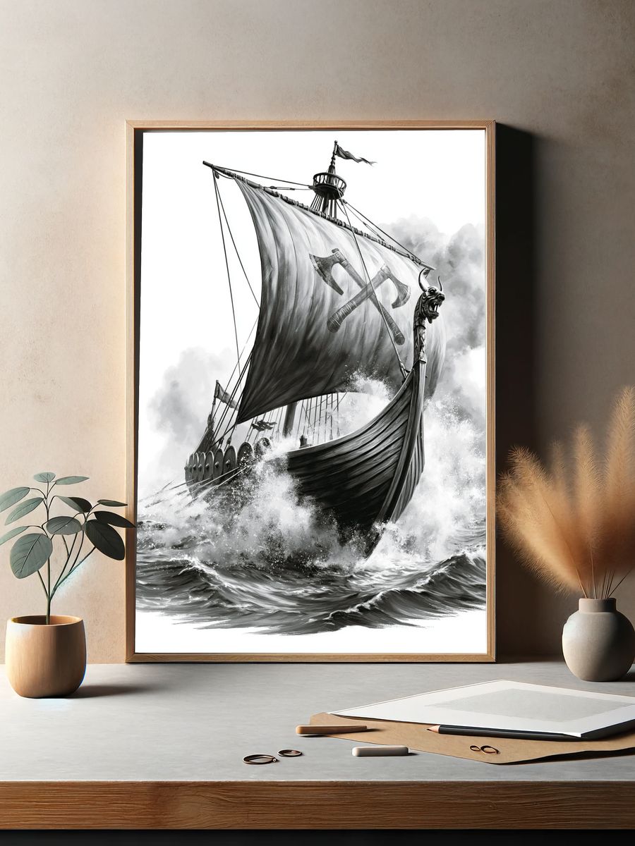 Viking Longship Black-White Print. — room view 2