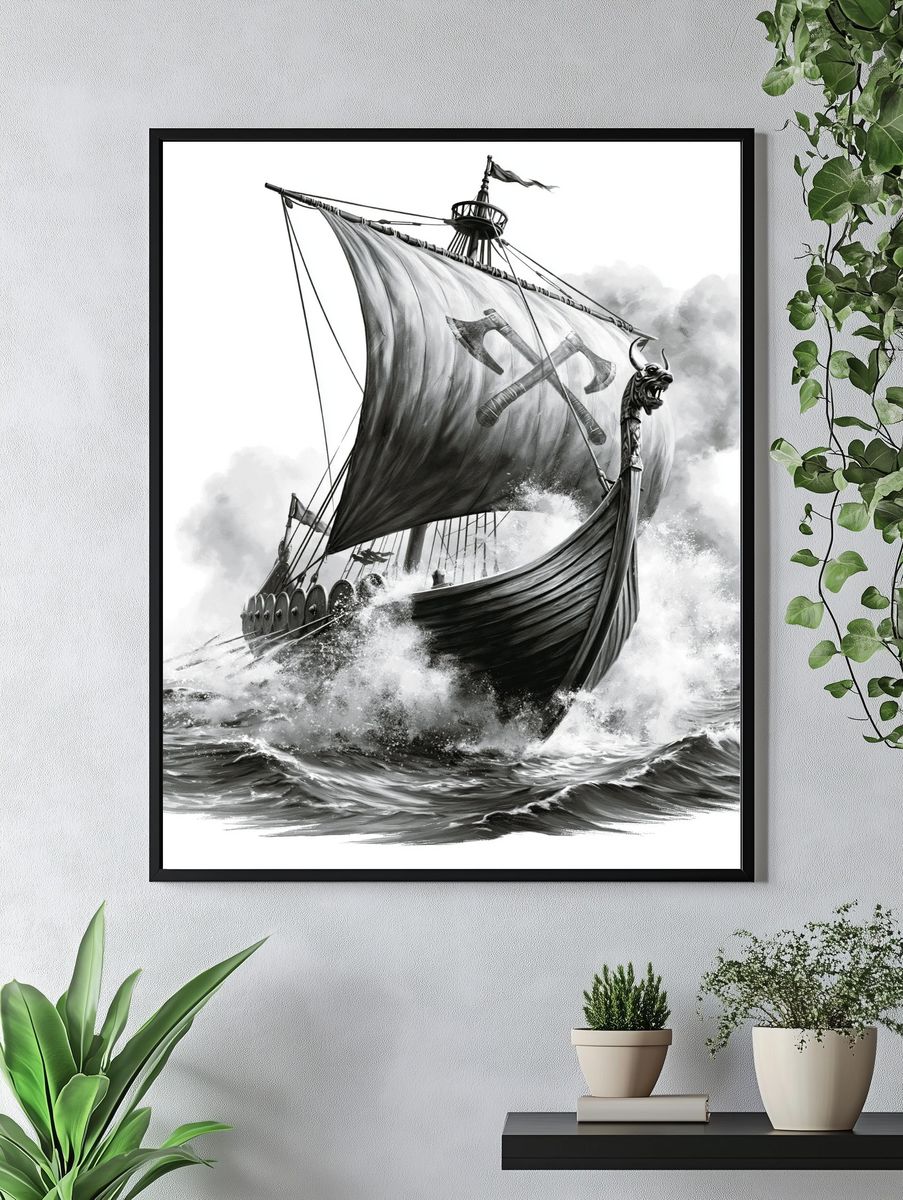 Viking Longship Black-White Print. — room view 4
