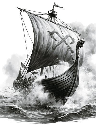 Viking Longship Black-White Print. poster
