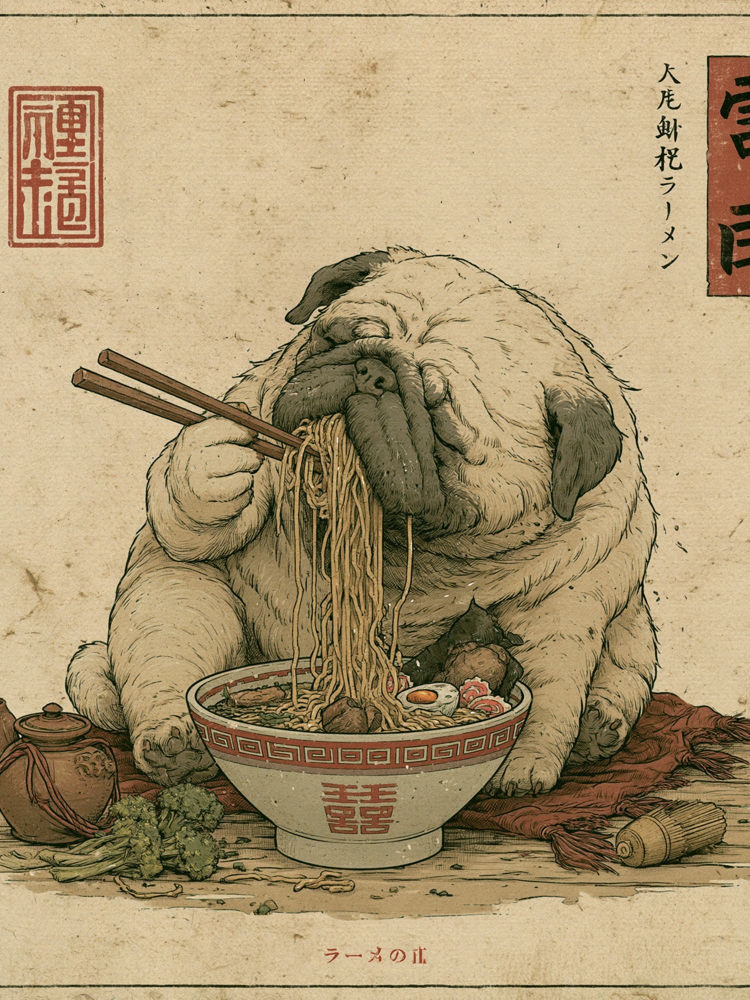 Pug Ramen Vintage Illustration Poster. poster detail