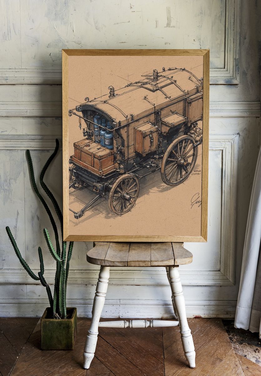 Vintage Steam Wagon Sketch Poster. — room view 1