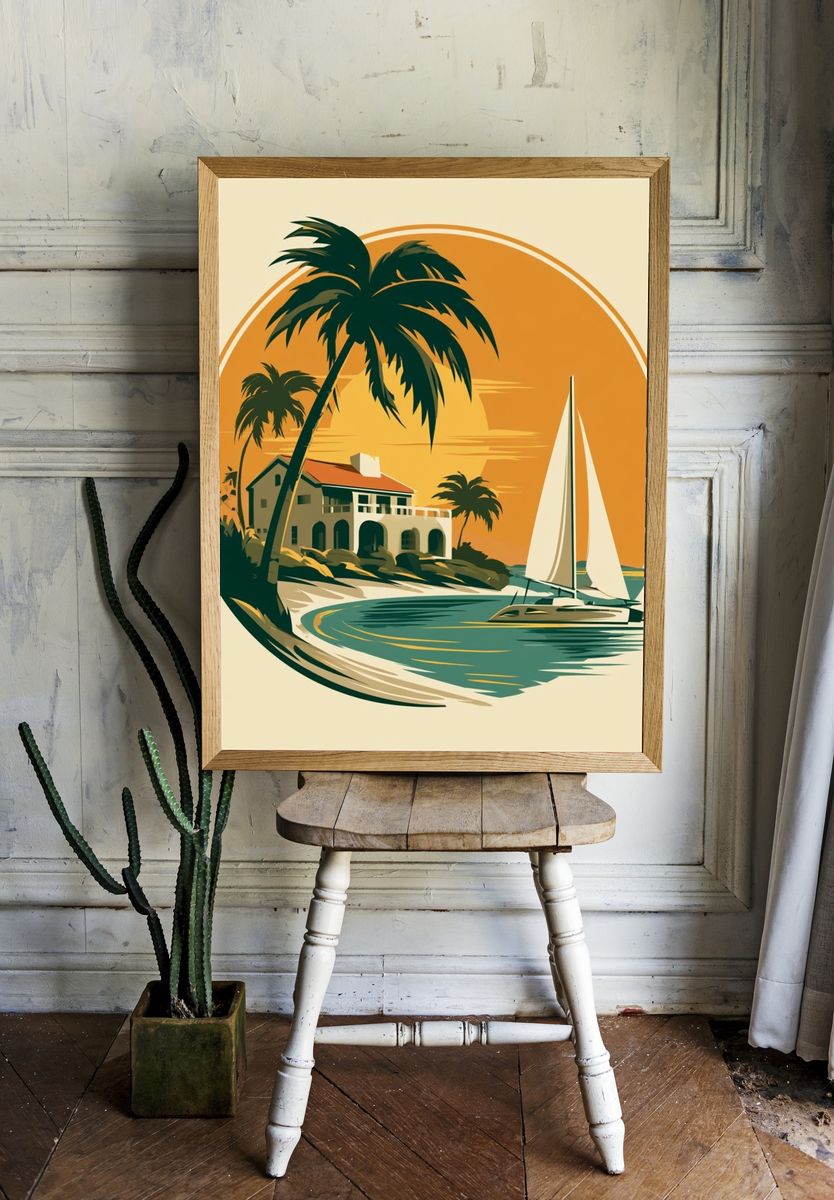 Tropical Sailboat Sunset Vintage Print. — room view 1
