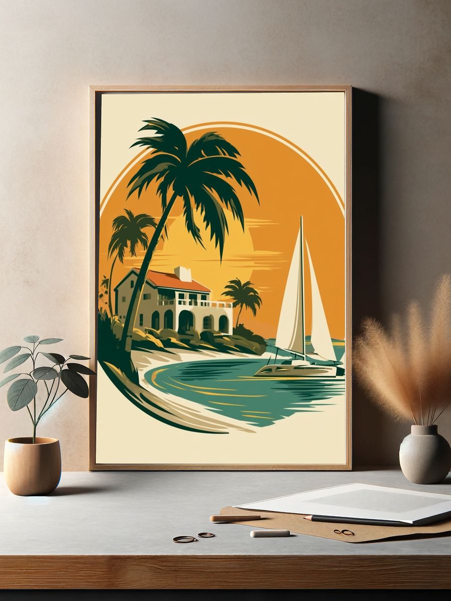 Tropical Sailboat Sunset Vintage Print. — room view 2