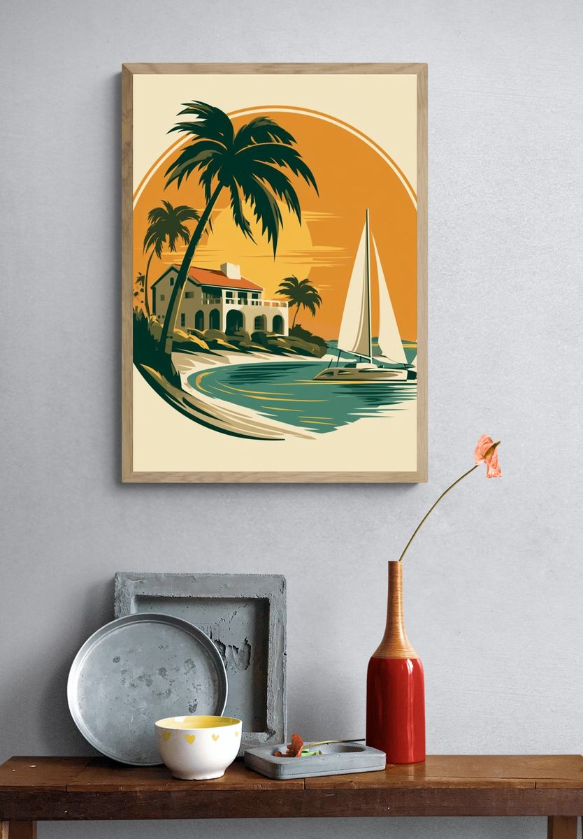 Tropical Sailboat Sunset Vintage Print. — room view 3
