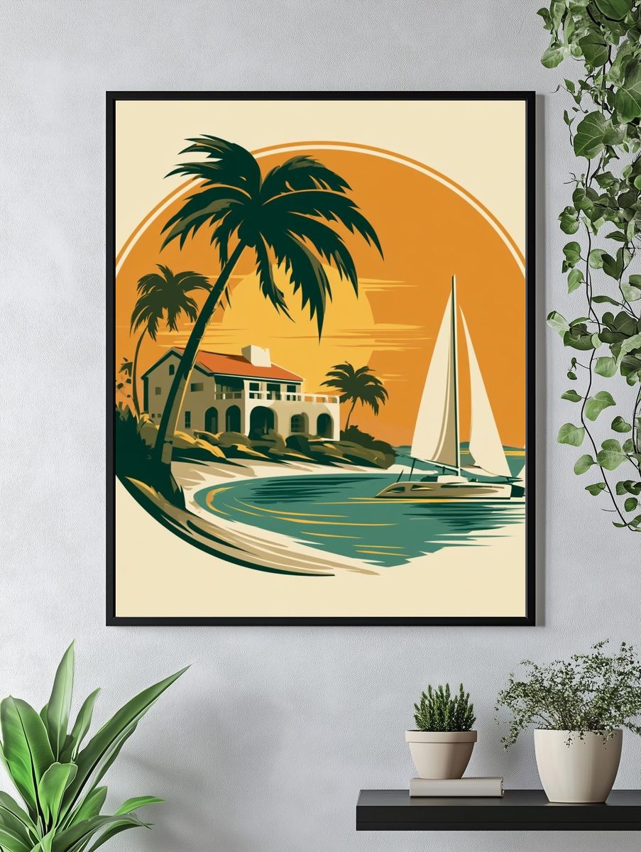 Tropical Sailboat Sunset Vintage Print. — room view 4