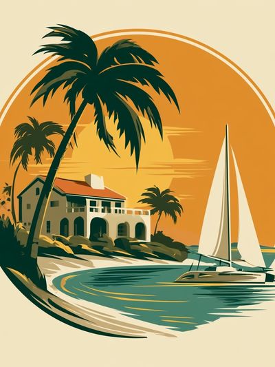Tropical Sailboat Sunset Vintage Print. poster