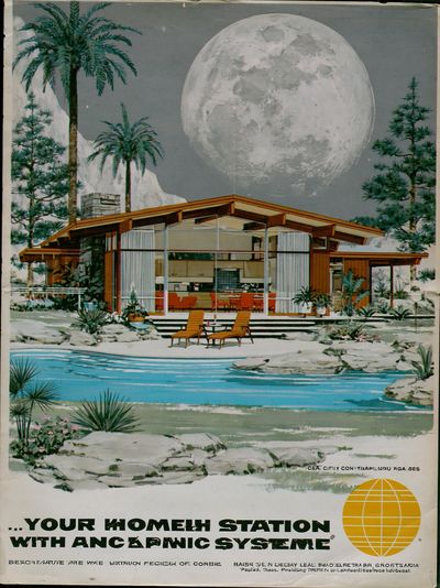 Moonlit Modern House Vintage Poster. poster
