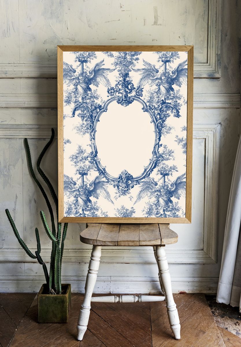 Blue Toile Cherubs Vintage Print. room preview