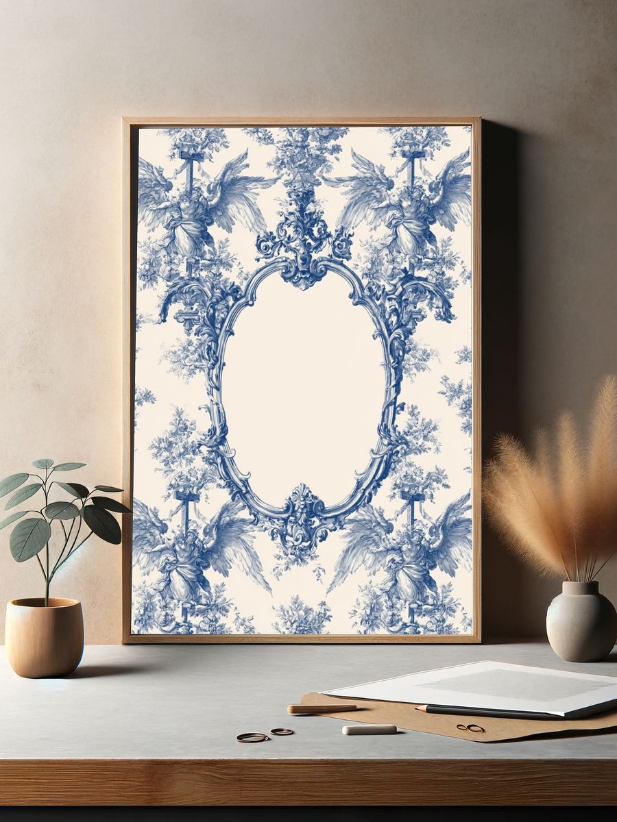 Blue Toile Cherubs Vintage Print. — room view 2