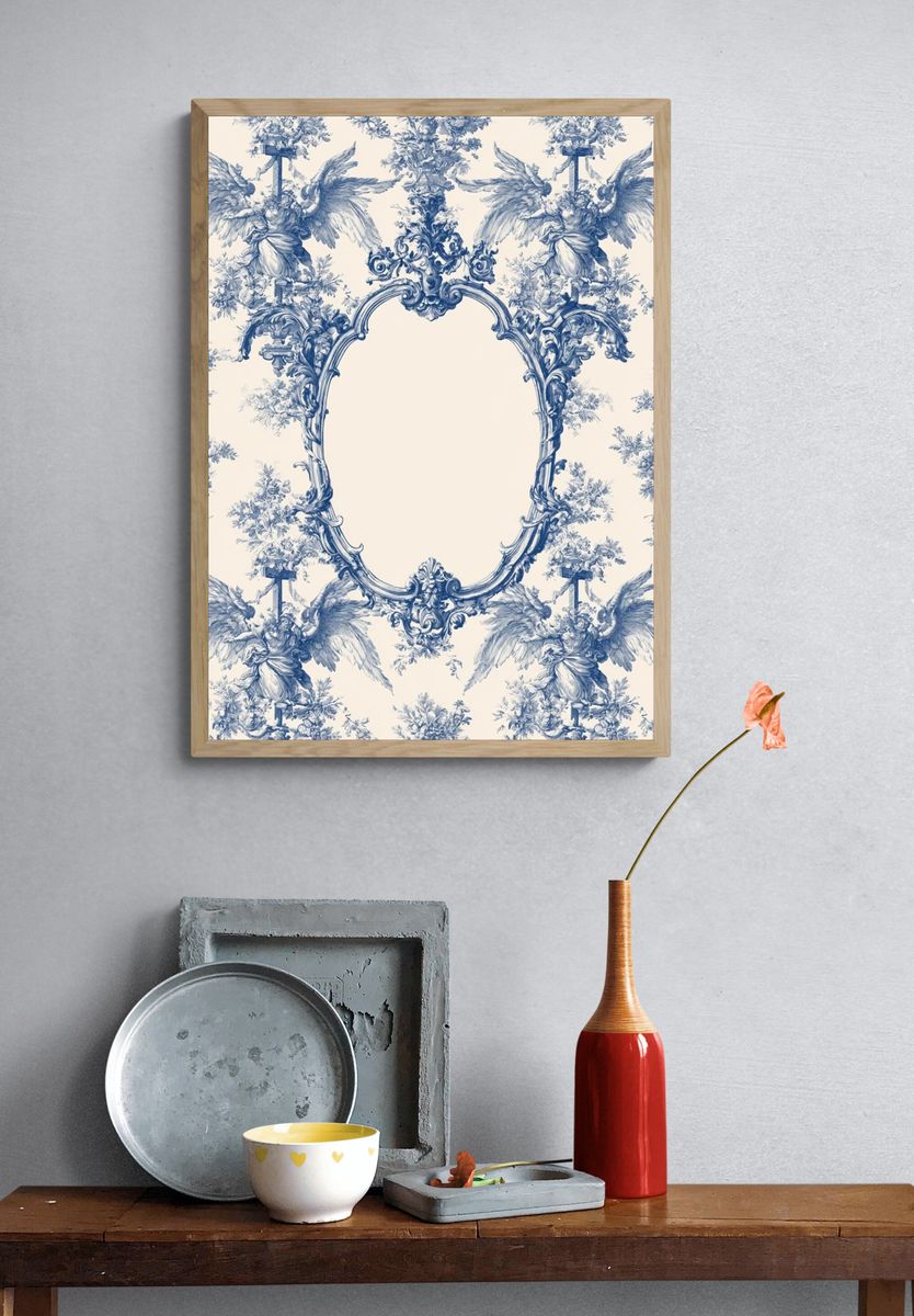 Blue Toile Cherubs Vintage Print. — room view 3
