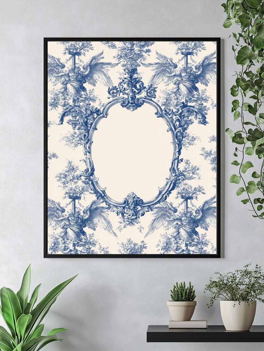 Blue Toile Cherubs Vintage Print. — room view 4