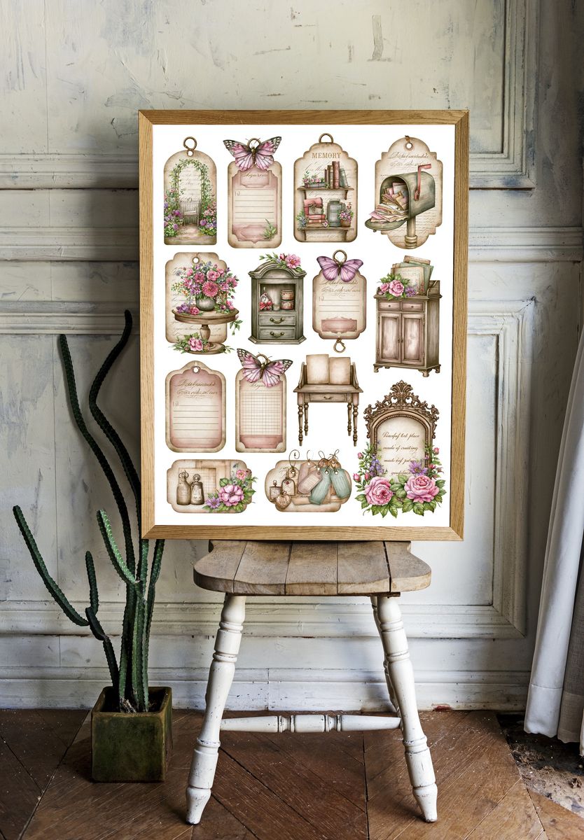 Vintage Floral Ephemera Collage Poster. — room view 1