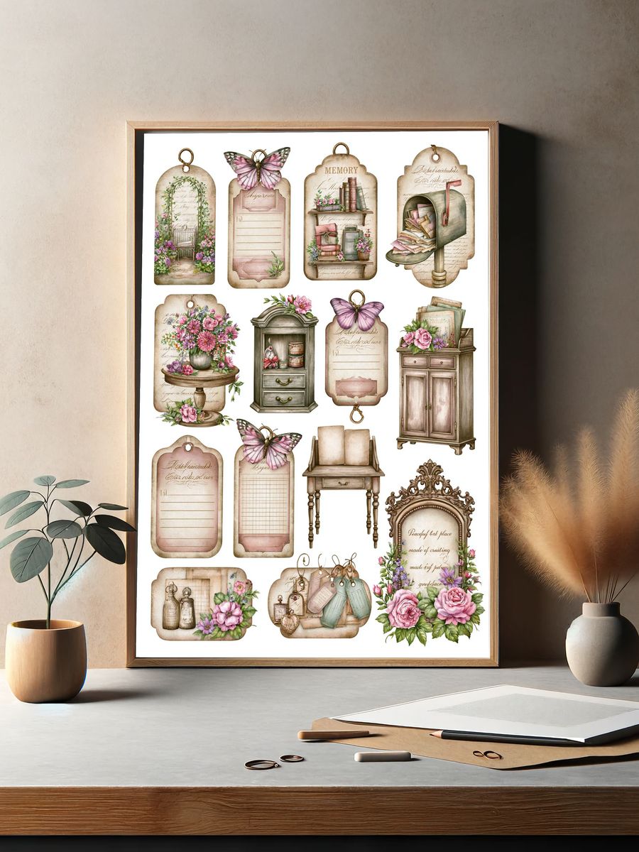 Vintage Floral Ephemera Collage Poster. — room view 2