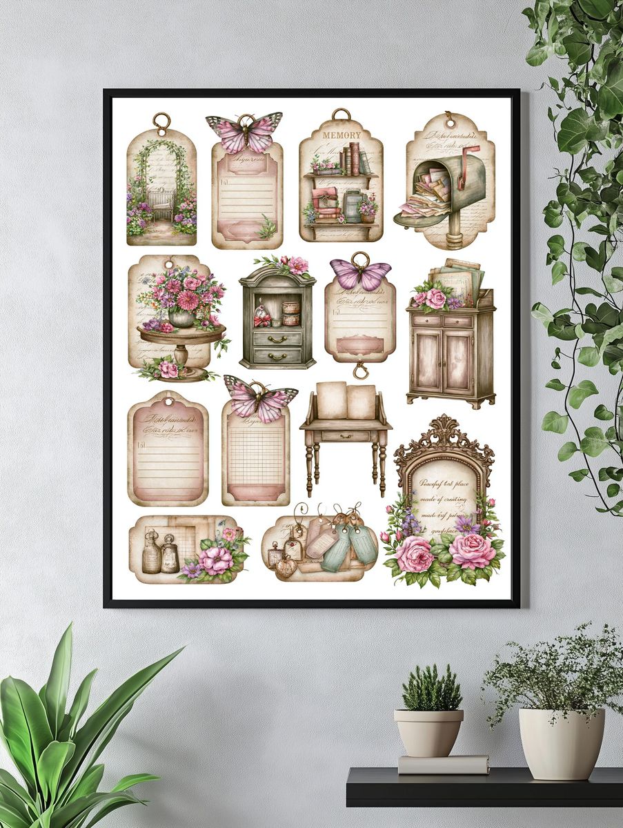 Vintage Floral Ephemera Collage Poster. — room view 4