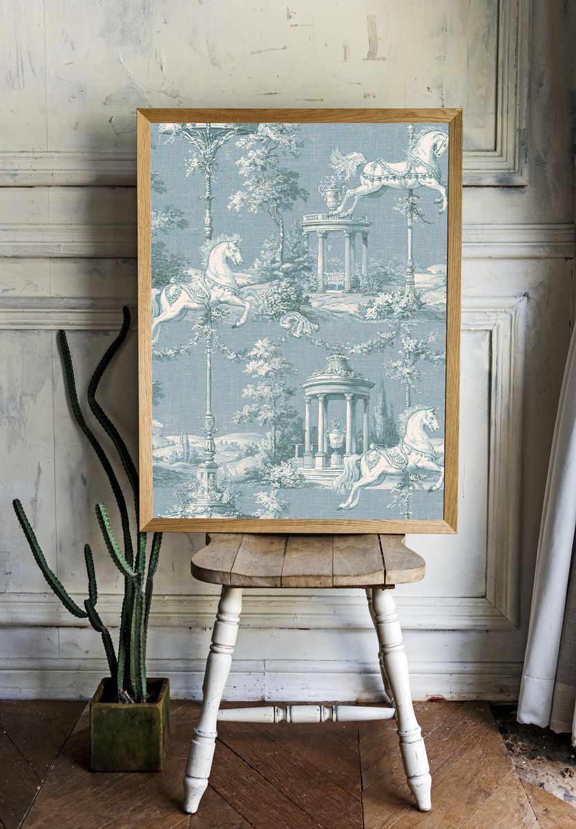Toile de Jouy Horses Vintage Print. room preview