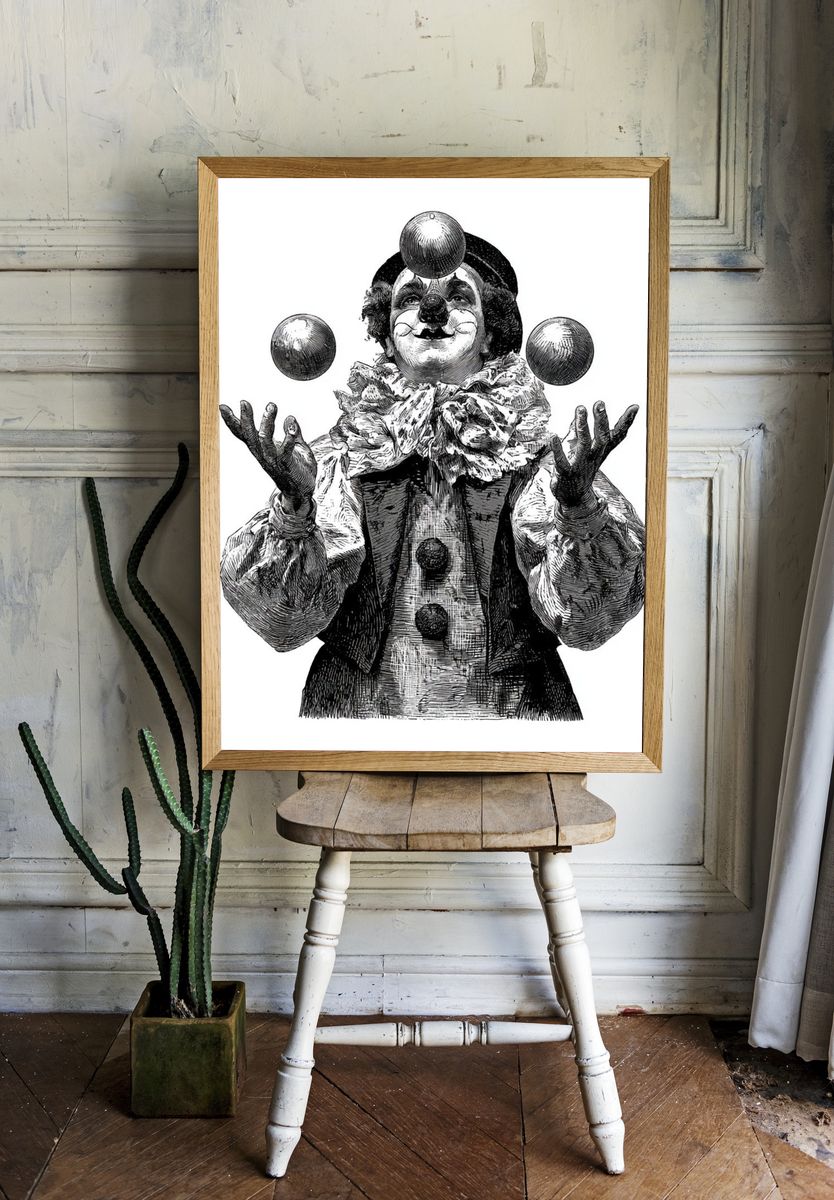 Vintage Clown Juggler Print. — room view 1