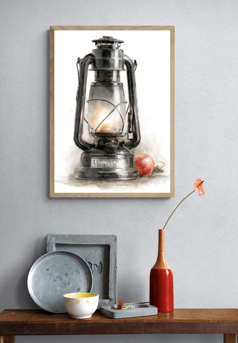 Vintage Lantern Still Life Print. — room view 3