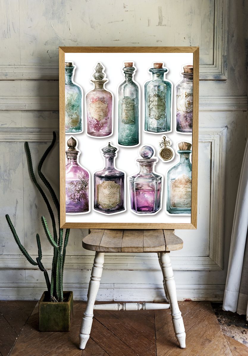 Vintage Apothecary Bottles Print. room preview