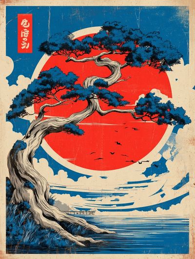 Japanese Pine Sunset Vintage Print. poster print