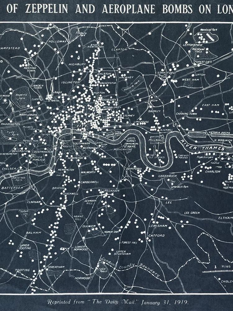 Map Zeppelin aeroplane bombs London. poster — vintage art