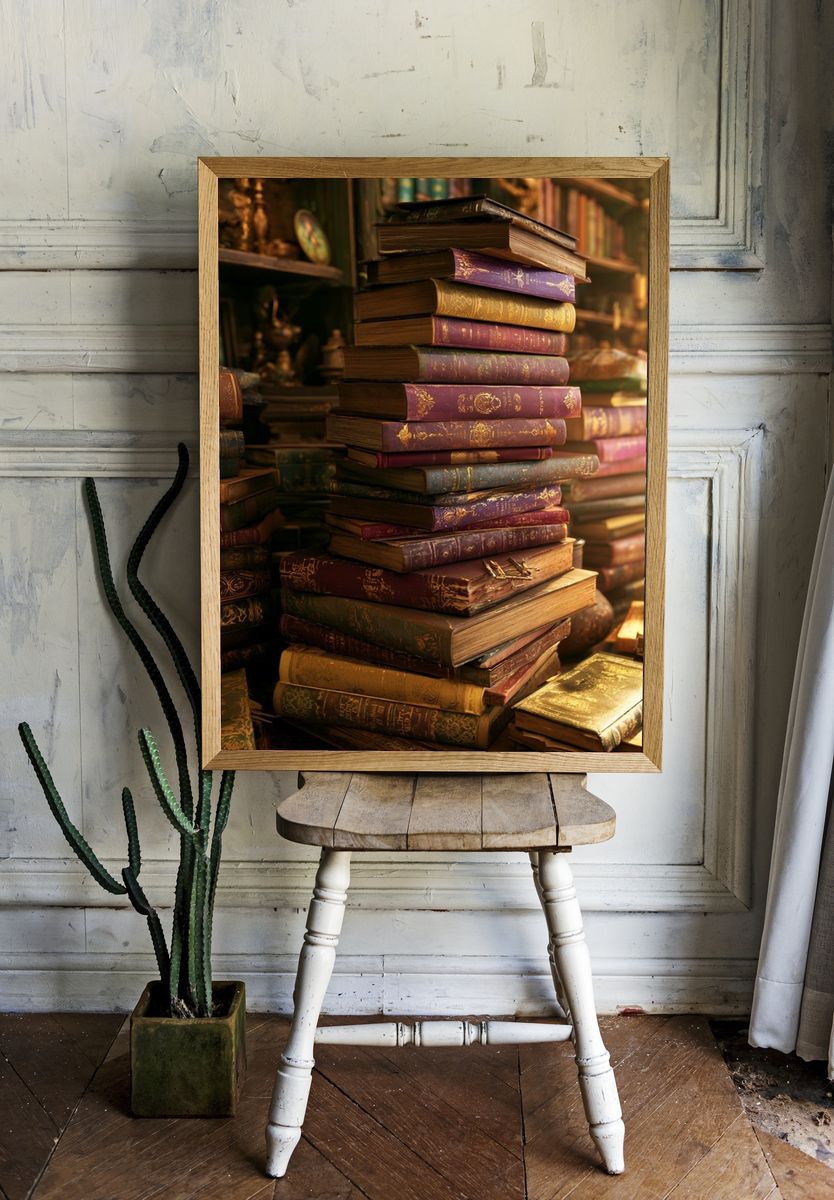 Antique Book Stack Vintage Poster. — room view 1