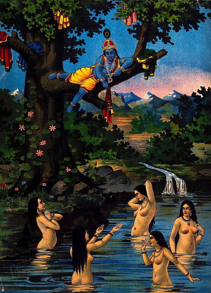 Krishna stealing cowgirls clothes watching. poster detail