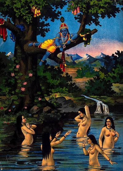 Krishna stealing cowgirls clothes watching. poster