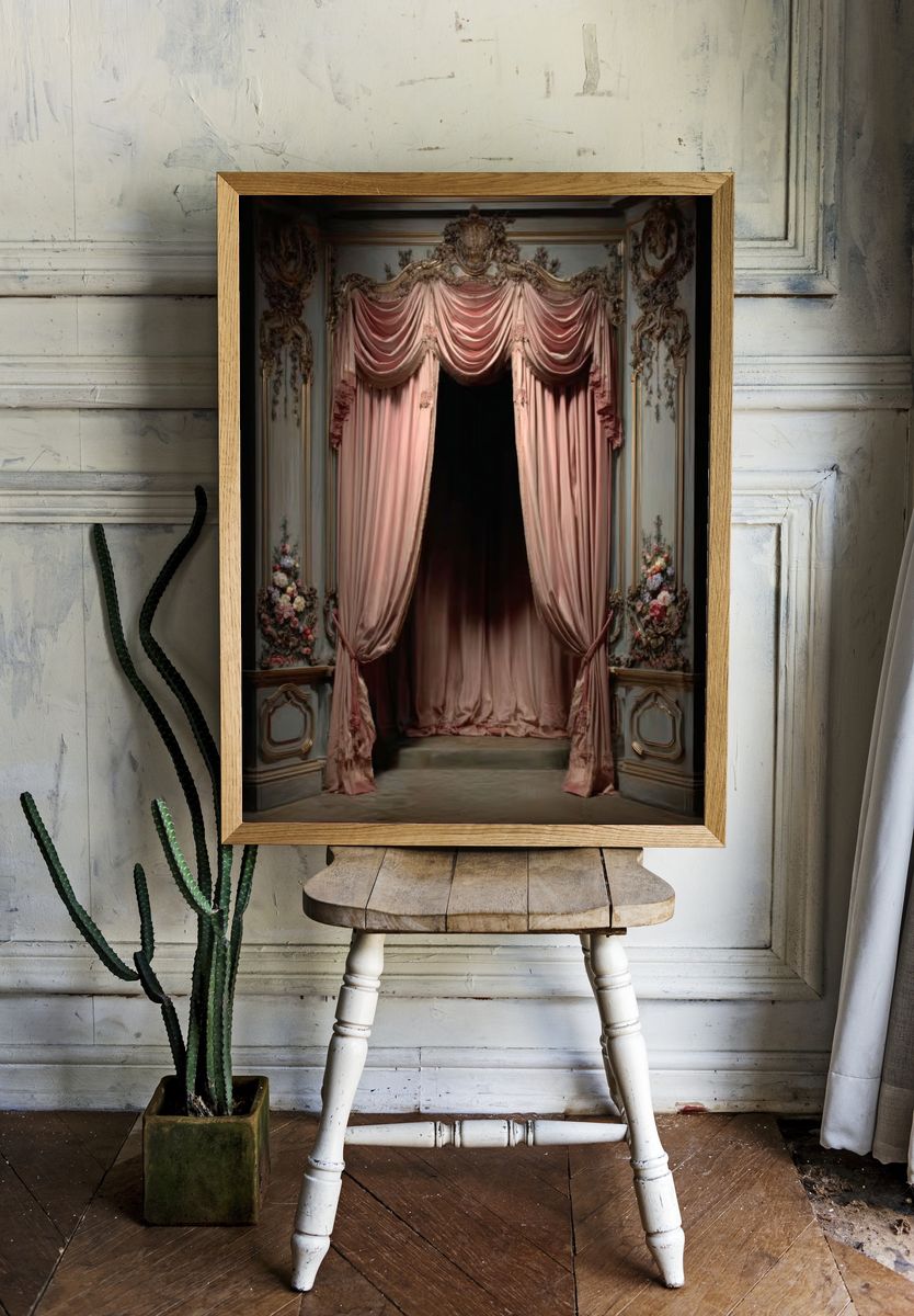 Ornate Pink Drapery Vintage Print. — room view 1