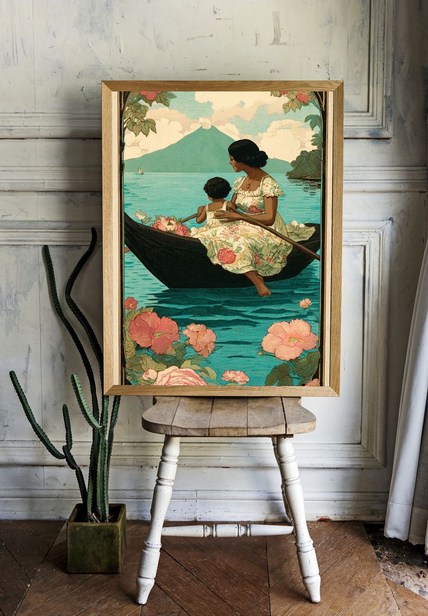 Floral Lake Voyage Vintage Print. room preview