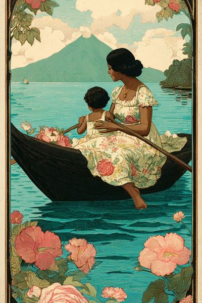 Floral Lake Voyage Vintage Print. poster