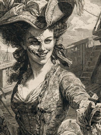 Vintage Pirate Woman Engraving Poster.