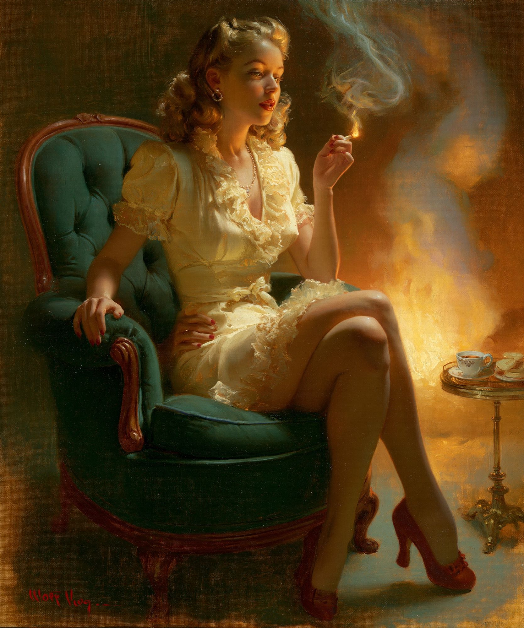 Vintage Pin-Up Woman Smoking Print. poster — vintage art
