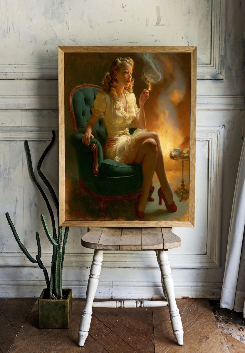Vintage Pin-Up Woman Smoking Print. — room view 1