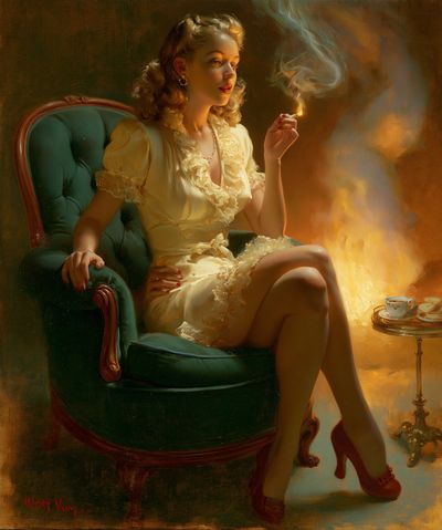 Vintage Pin-Up Woman Smoking Print. poster