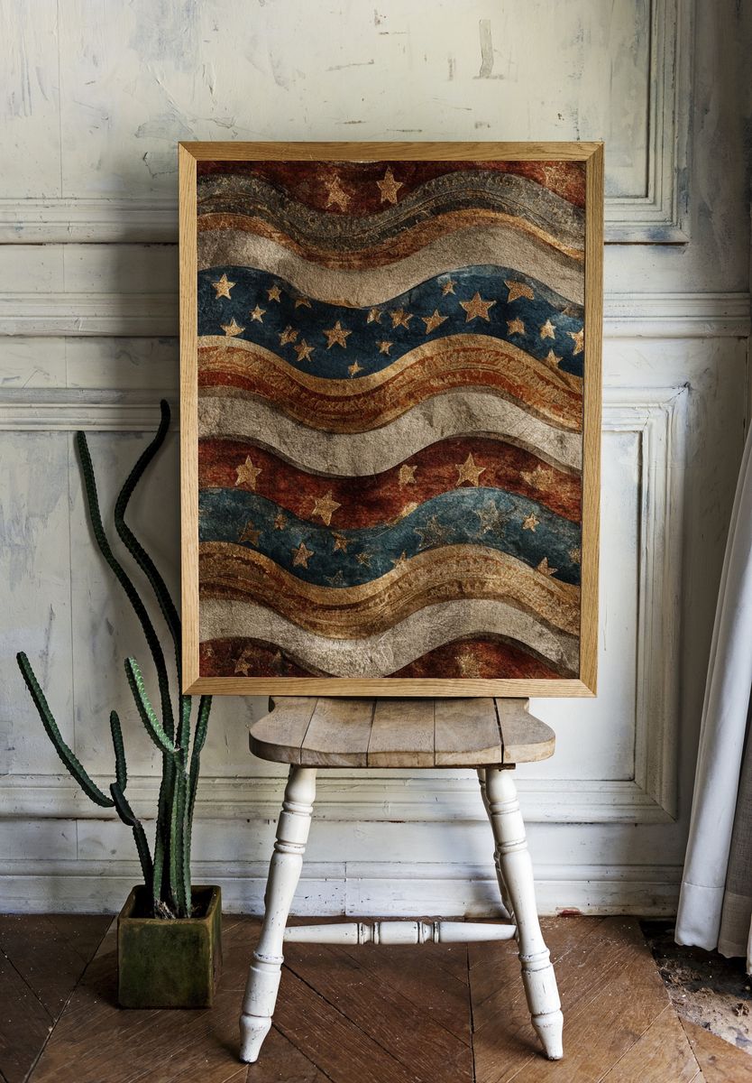 Patriotic Wavy Stars Vintage Print. — room view 1