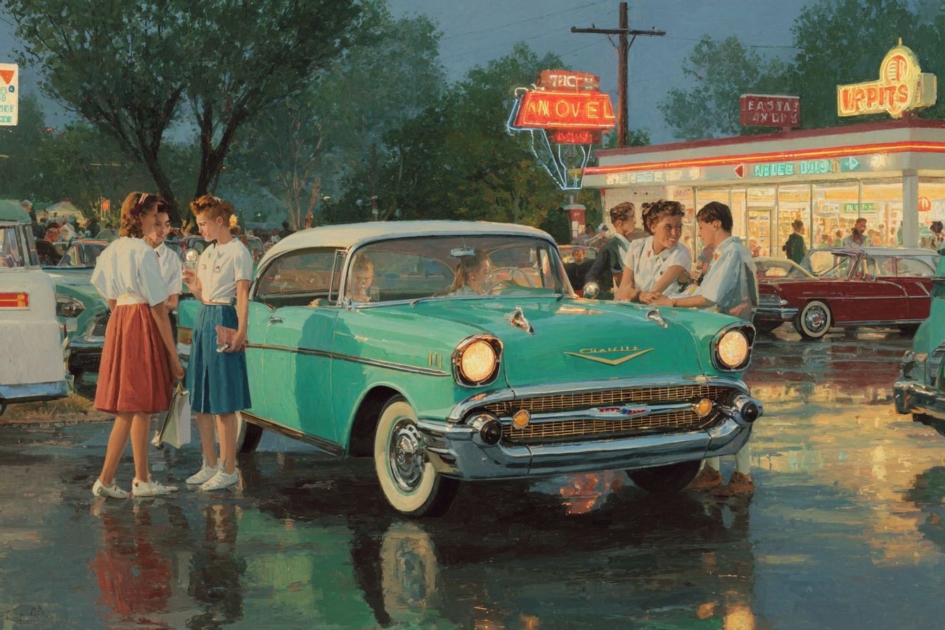 Drive-In Night Scene Vintage Poster. poster — vintage art