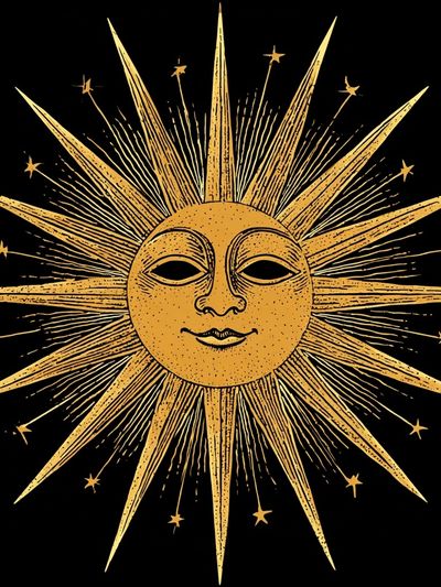 Celestial Sun Face Vintage Print.