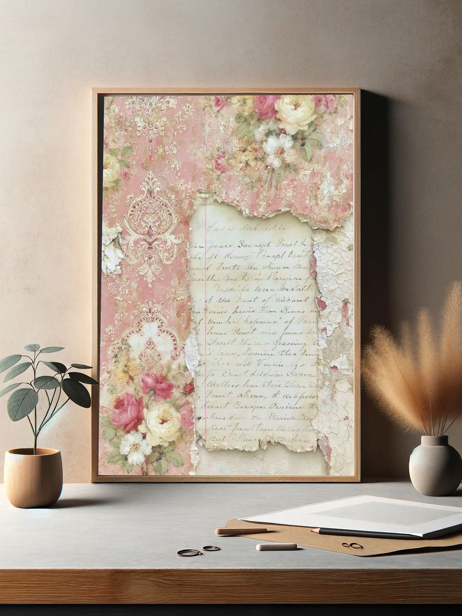 Vintage Floral Damask Collage Print. — room view 2