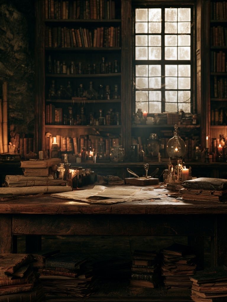 Candlelit Alchemist Library Poster. poster — vintage art