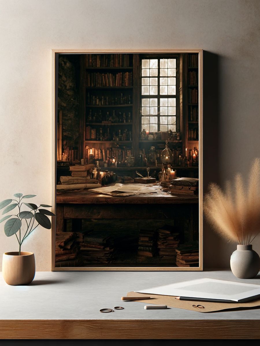 Candlelit Alchemist Library Poster. — room view 2